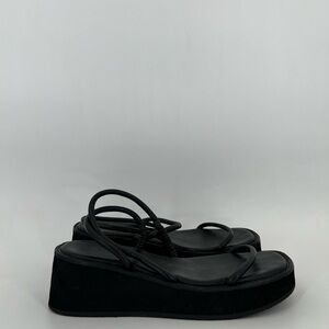 Amomento Black String Leather Strappy Platform Sandals
